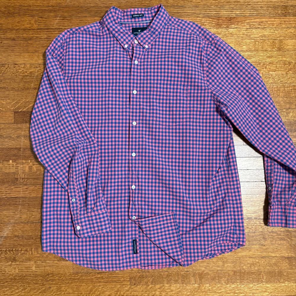 American Eagle Outfitters Men's XXL Gingham Button Down Shirt‎ Cotton Pink